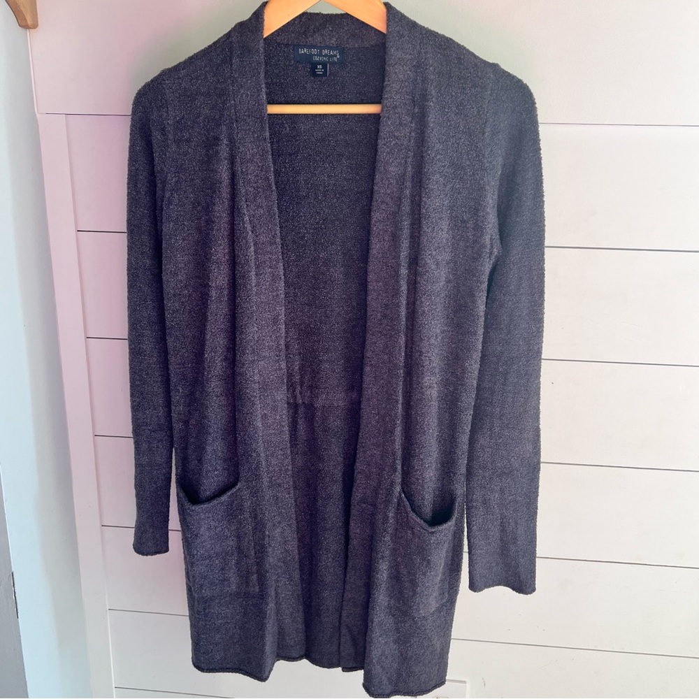 Barefoot Dreams CozyChic Lite Cardigan in Charcoal Size XS with Back Cinch Tie
